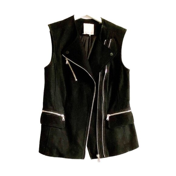 Rebecca Taylor Black Lamb Leather Moto Vest with Wool‎ Lapel, Size XS - Picture 7 of 15